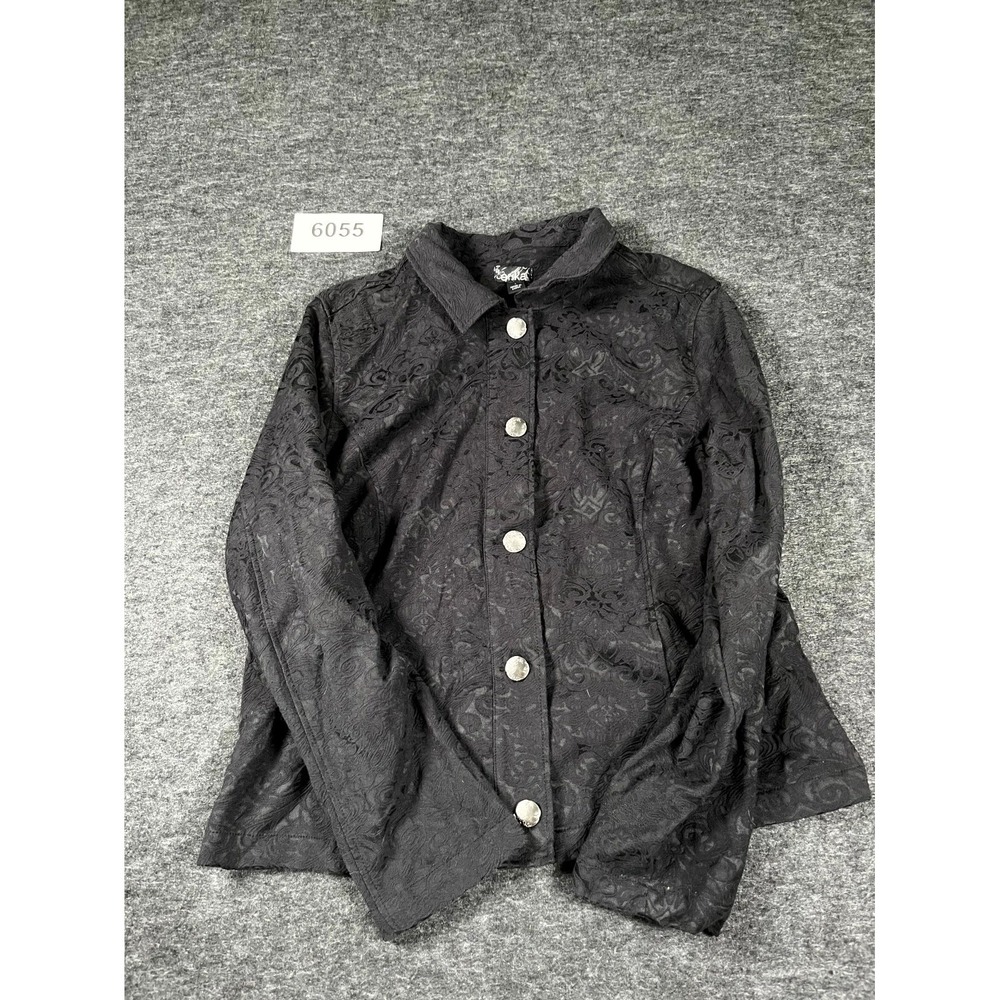 Erika Jacket Womens Large Black Damask Jacquard Floral Button Front Long Sleeve